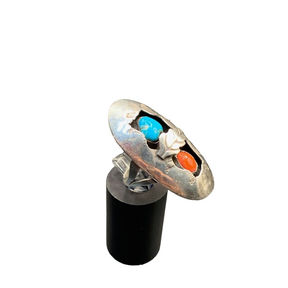 Sterling Silver Turquoise Coral Shadowbox Ring Native American Size 7 Ring